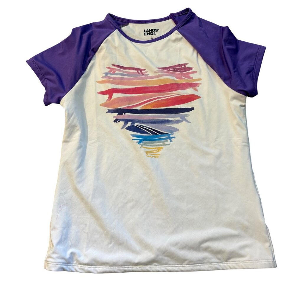 Lands End Girls Rash Guard Swim Shirt L 10-12 Purple & White Short Sleeve